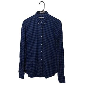 Gustin Flannel Shirt Mens Medium Blue Gingham Lightweight Long Sleeve Made USA